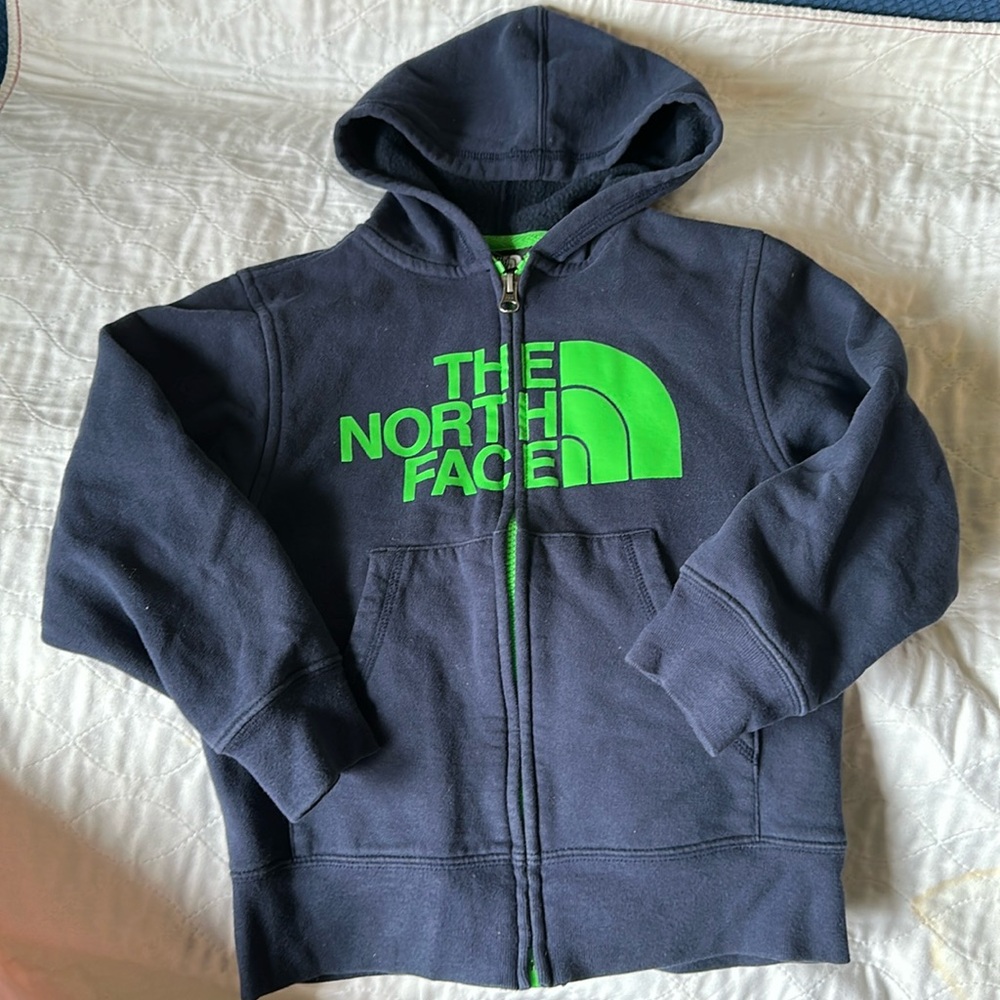 The North Face boy navy neon green logo Zip Up Hoodie Size XS (6)